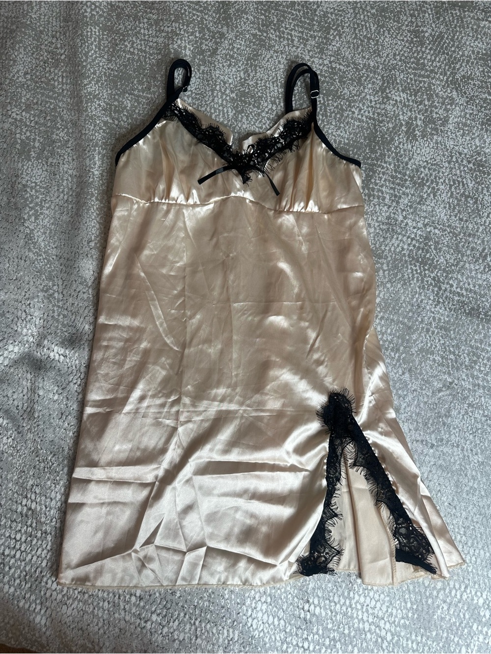 Silky Cream Lace-Trim Chemise with Black Accents